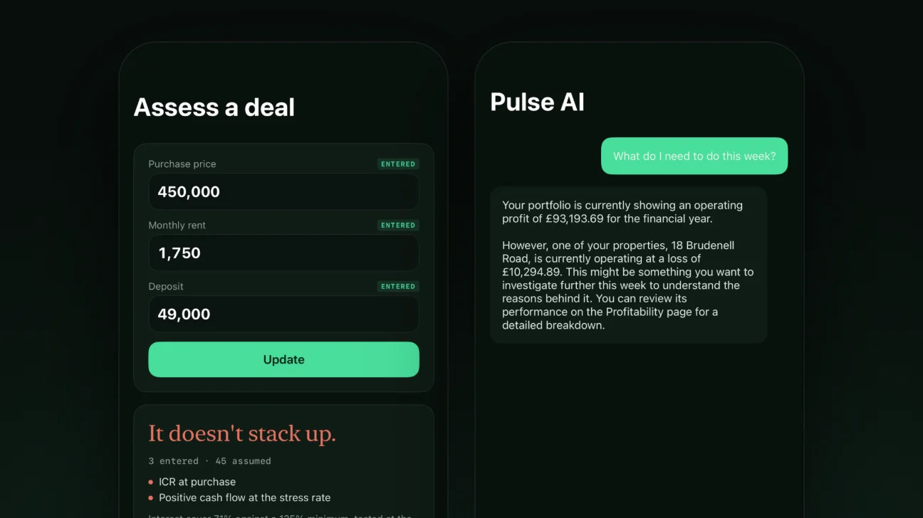 Two app screens side by side: the deal assessor testing a £450,000 purchase at £1,750 a month rent, and Pulse AI answering what needs doing this week from the portfolio's figures